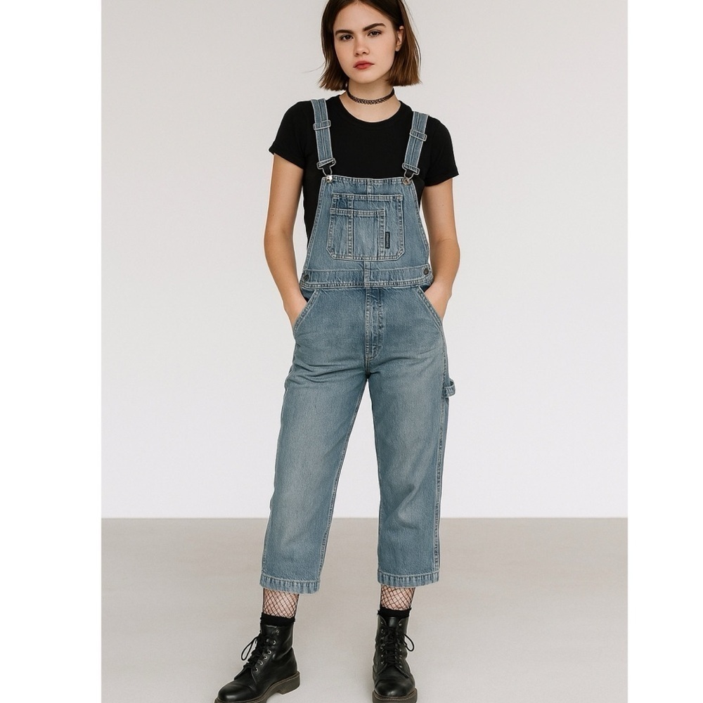 DKNY Jeans Women's Cropped Carpenter Denim Overalls Sz XS Y2K 90s Relaxed Fit
